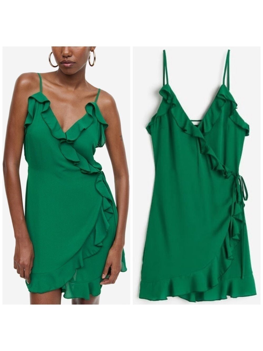 H&M Flounce Trimmed Kelly Green Flowy Wrap Mini Dress with Adjustable Straps